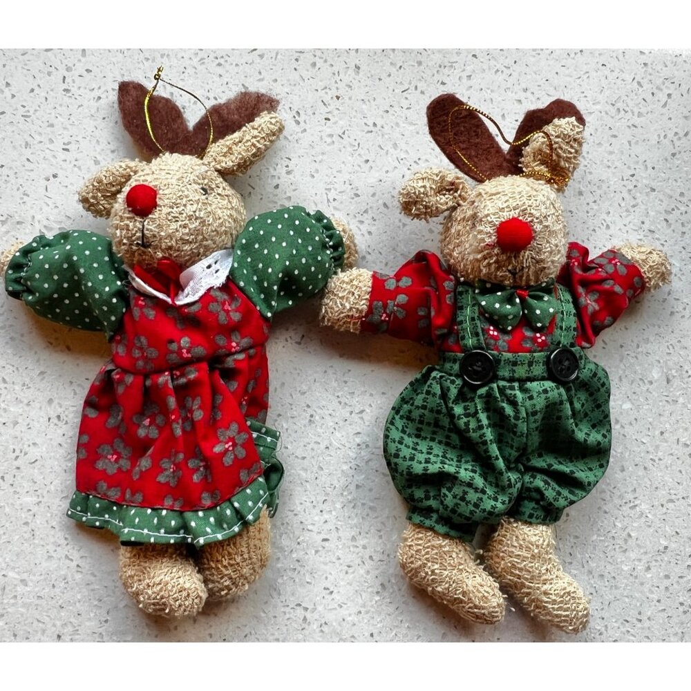 Handmade Christmas Reindeer Ornaments Set Of 2 With Festive Outfits & Red Noses